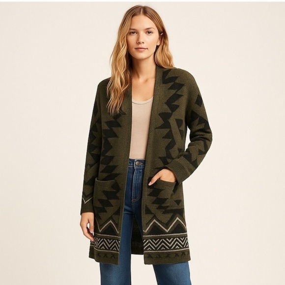 Frye Sweaters - Frye geometric print Aztec green and black open front long line cardigan sweater
